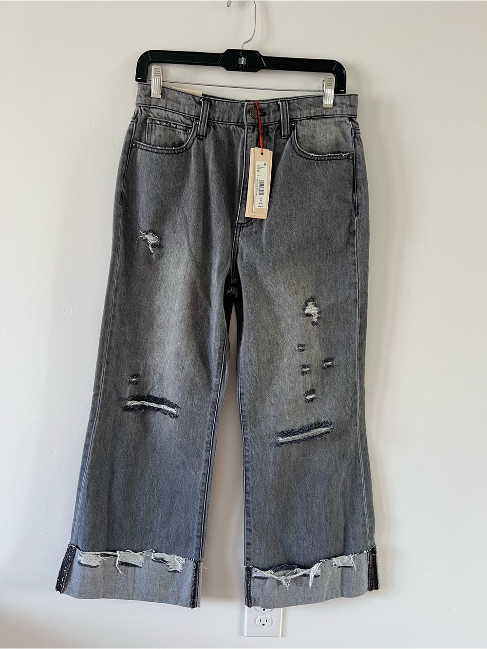 Alice + Olivia Gray Washed Distressed Wide-Leg Jeans